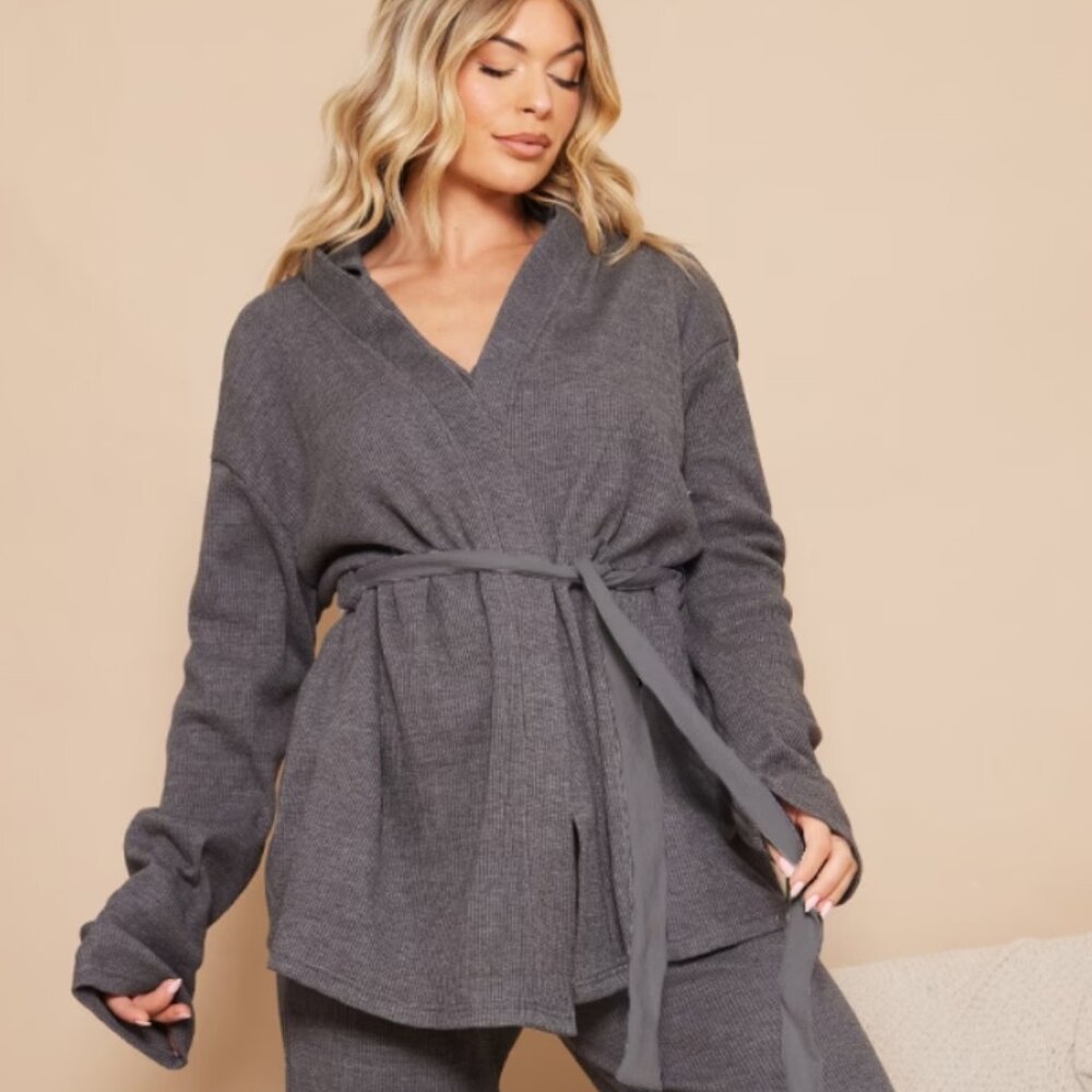 Pretty Little Thing Charcoal Waffle Tie Waist Robe